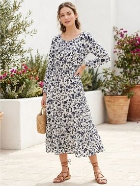Navy and White Floral Midi Dress